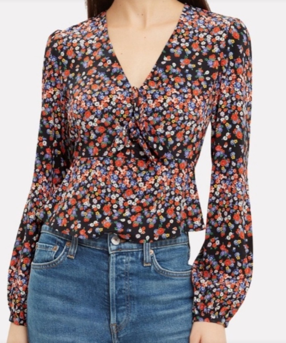 Intermix Lola silk floral tie top Size 4 long sleeve Blue Boho Romantic Cottage